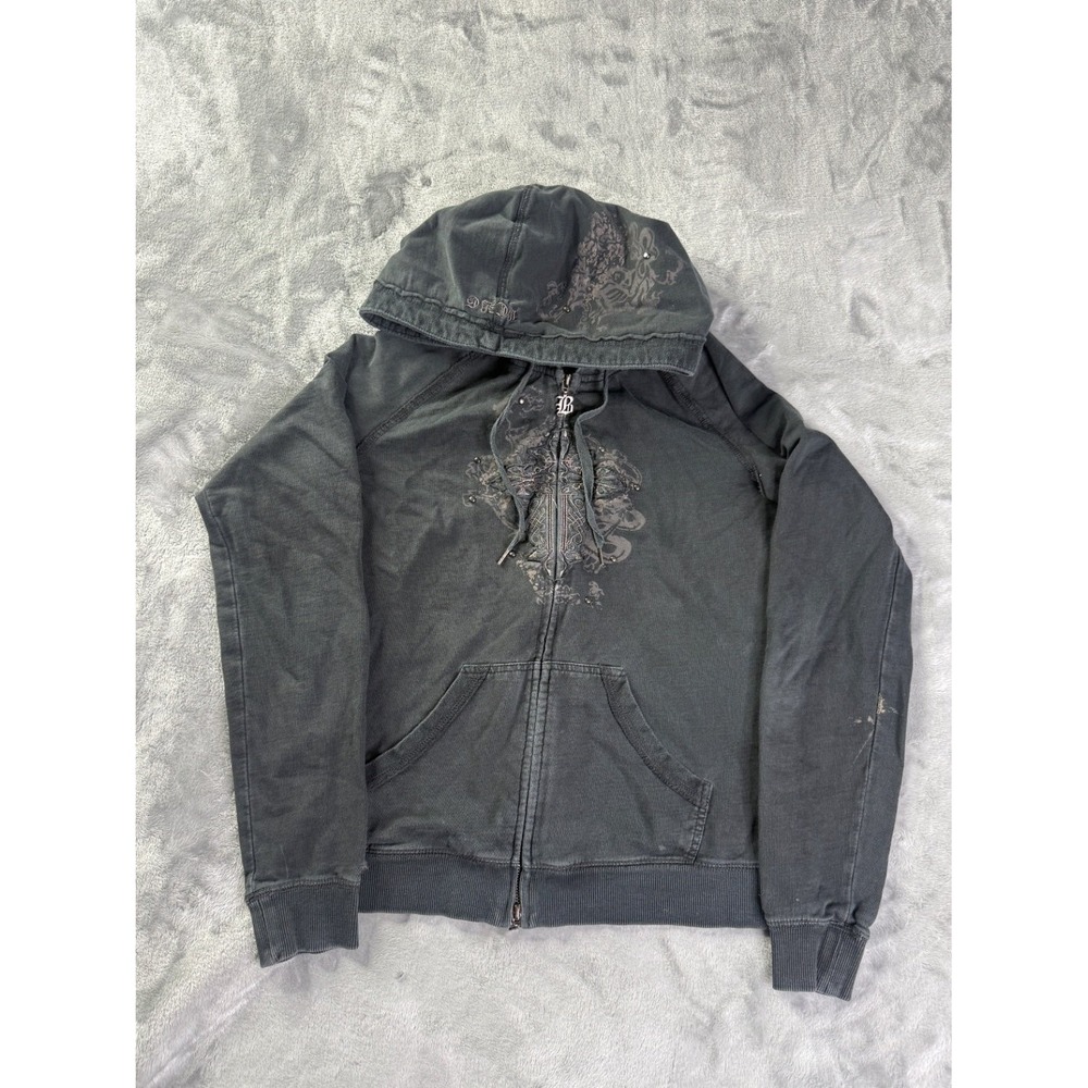 BCBG Gothic Cross Studded Full Zip Hoodie Womens M Faded Black Grunge Hooded